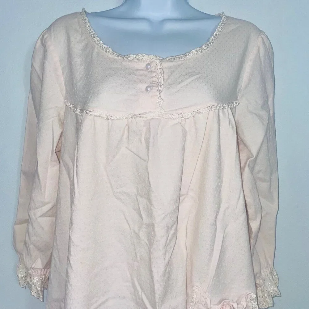 Vintage Womens M Nightgown Pink Ruffled Long Sleeve Modest Prairie